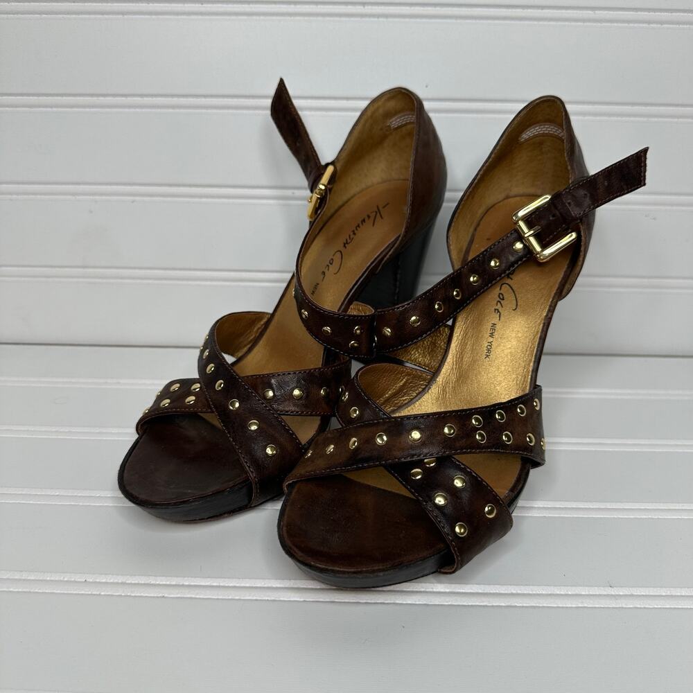 Kenneth Cole Brown Leather Studded Criss Cross‎ Heel Dress Sandals
